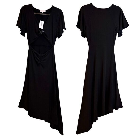 NWT WeWoreWhat Black Asymmetrical Cut Out V-Neck Midi Dress - Picture 2 of 8